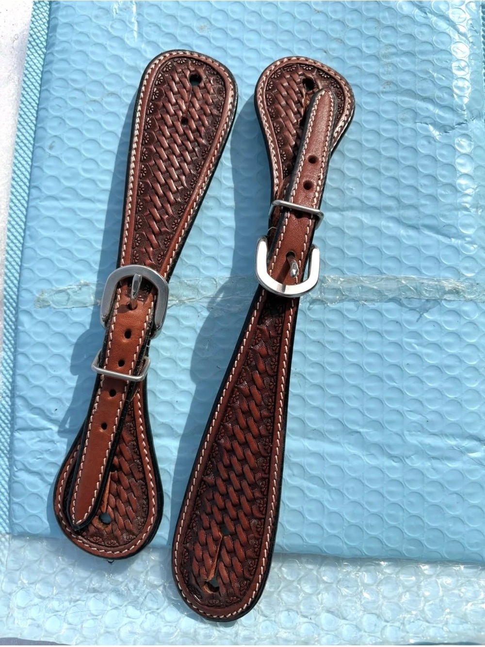 Brown Braided Leather Spur Straps with Silver Buckles
